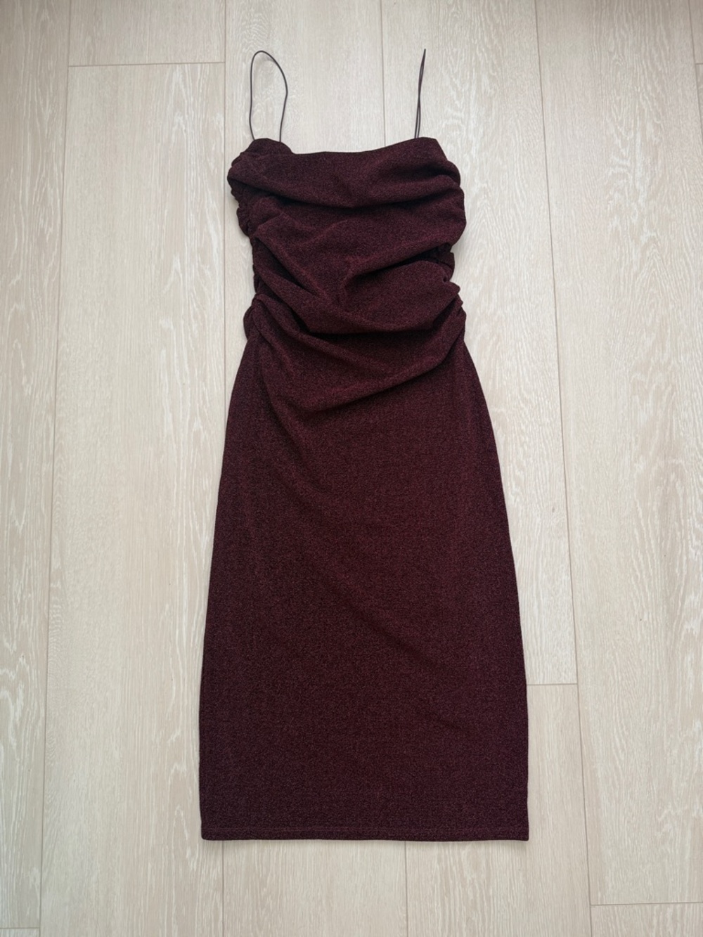 H&M Burgundy Midi Dress with Ruched Sparkle Design